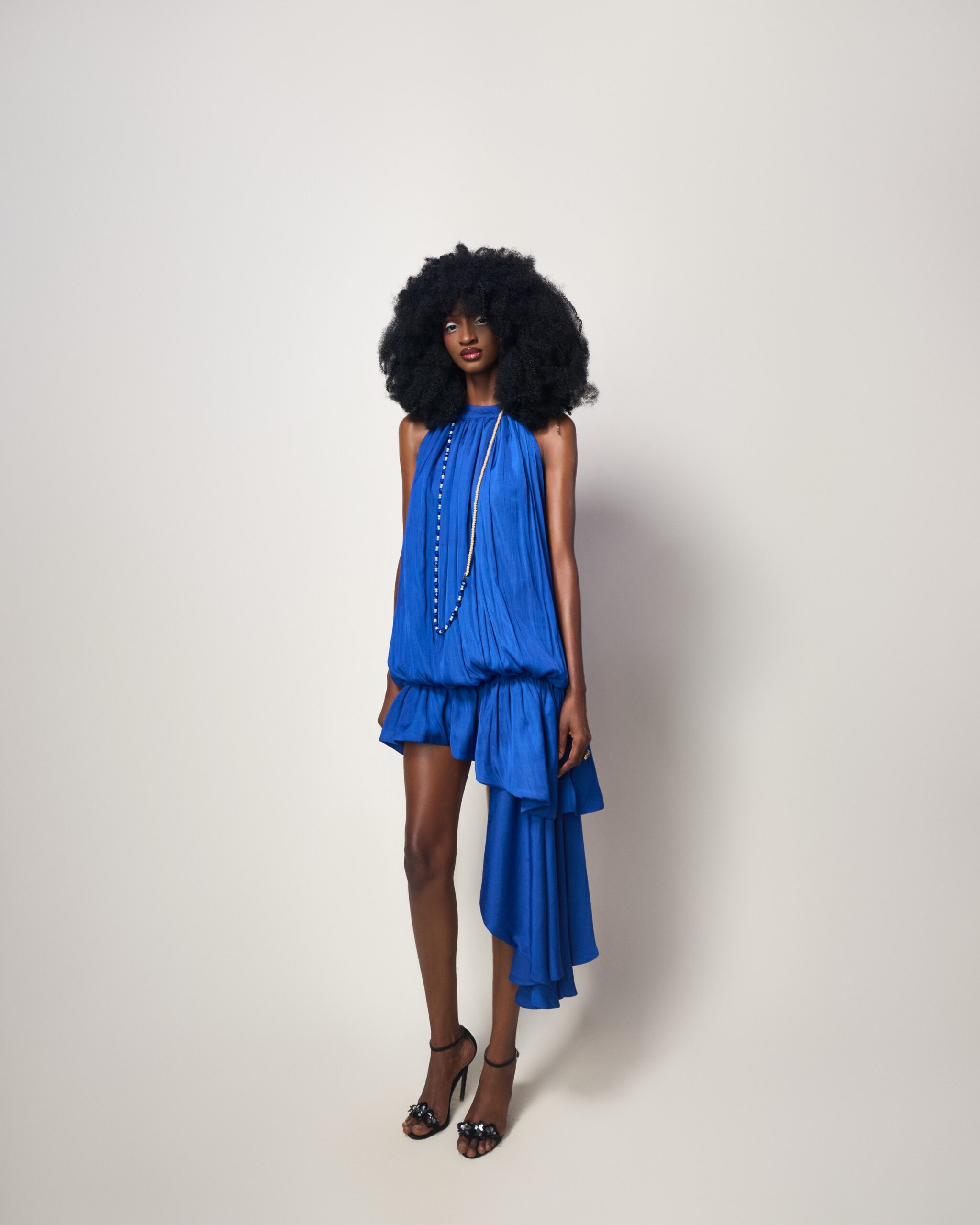 Asymmetric Blue Drape Mini Dress - Image 3