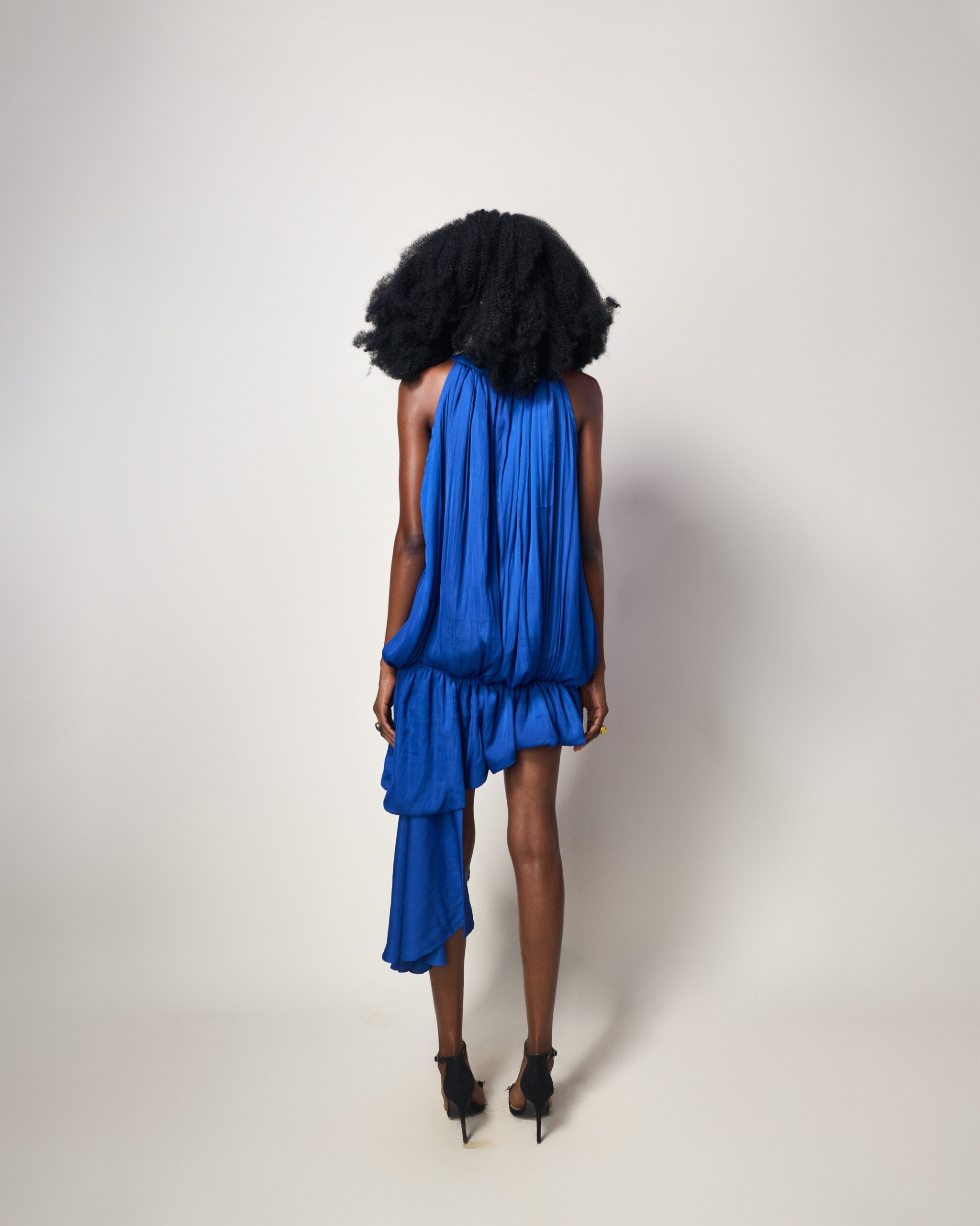 Asymmetric Blue Drape Mini Dress - Image 2