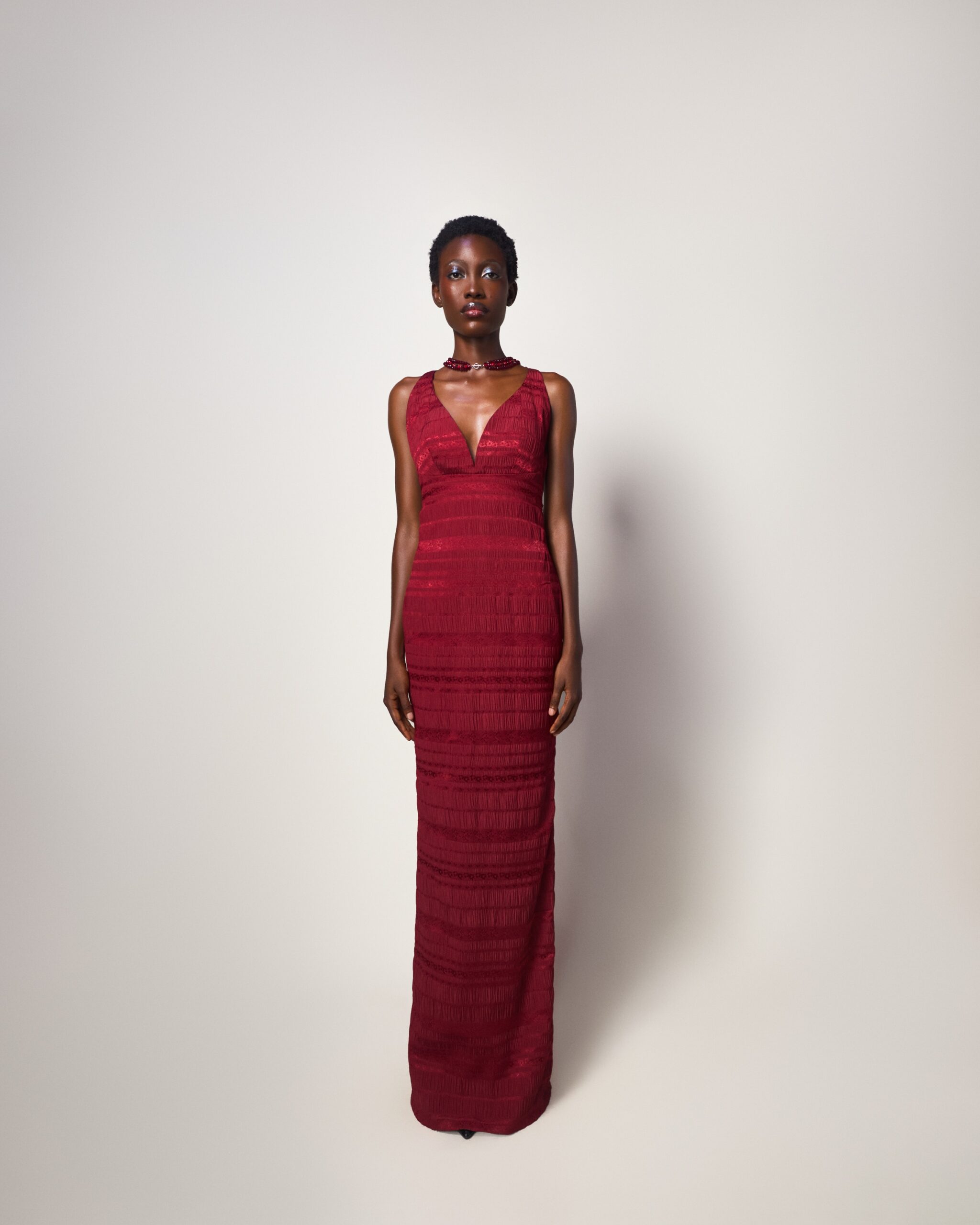 Red Textured Column Gown