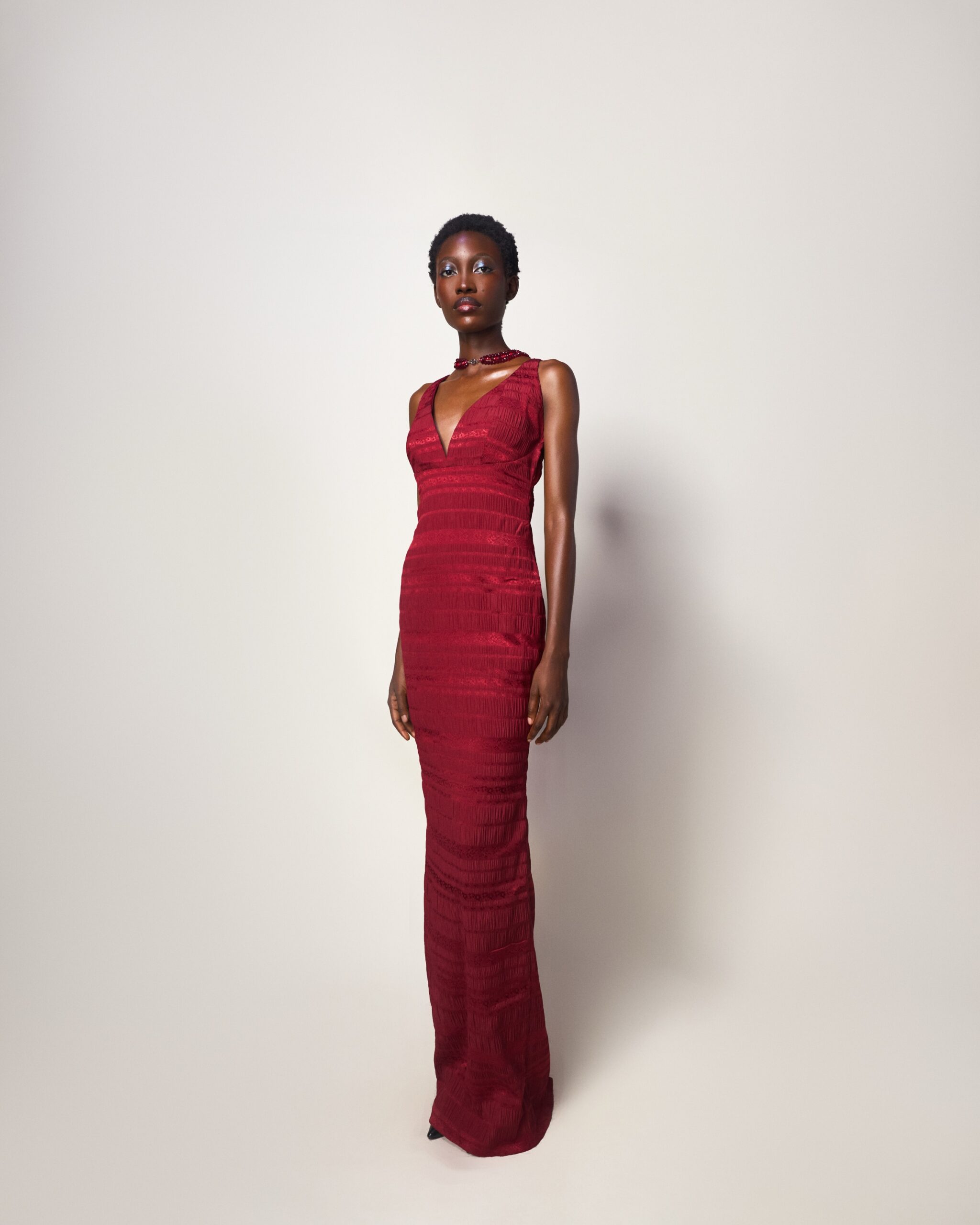 Red Textured Column Gown - Image 3