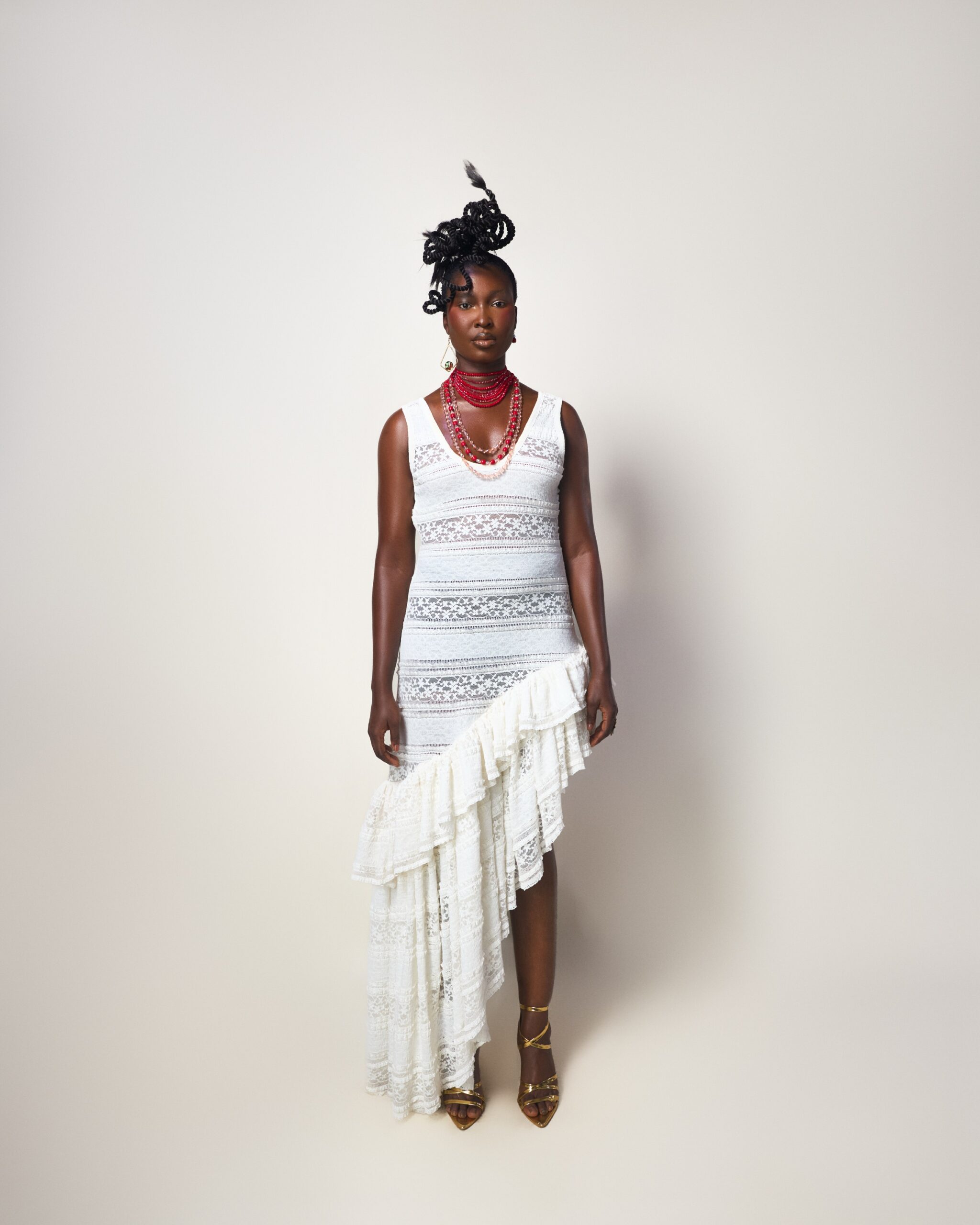 White Lace Asymmetric Ruffle Dress