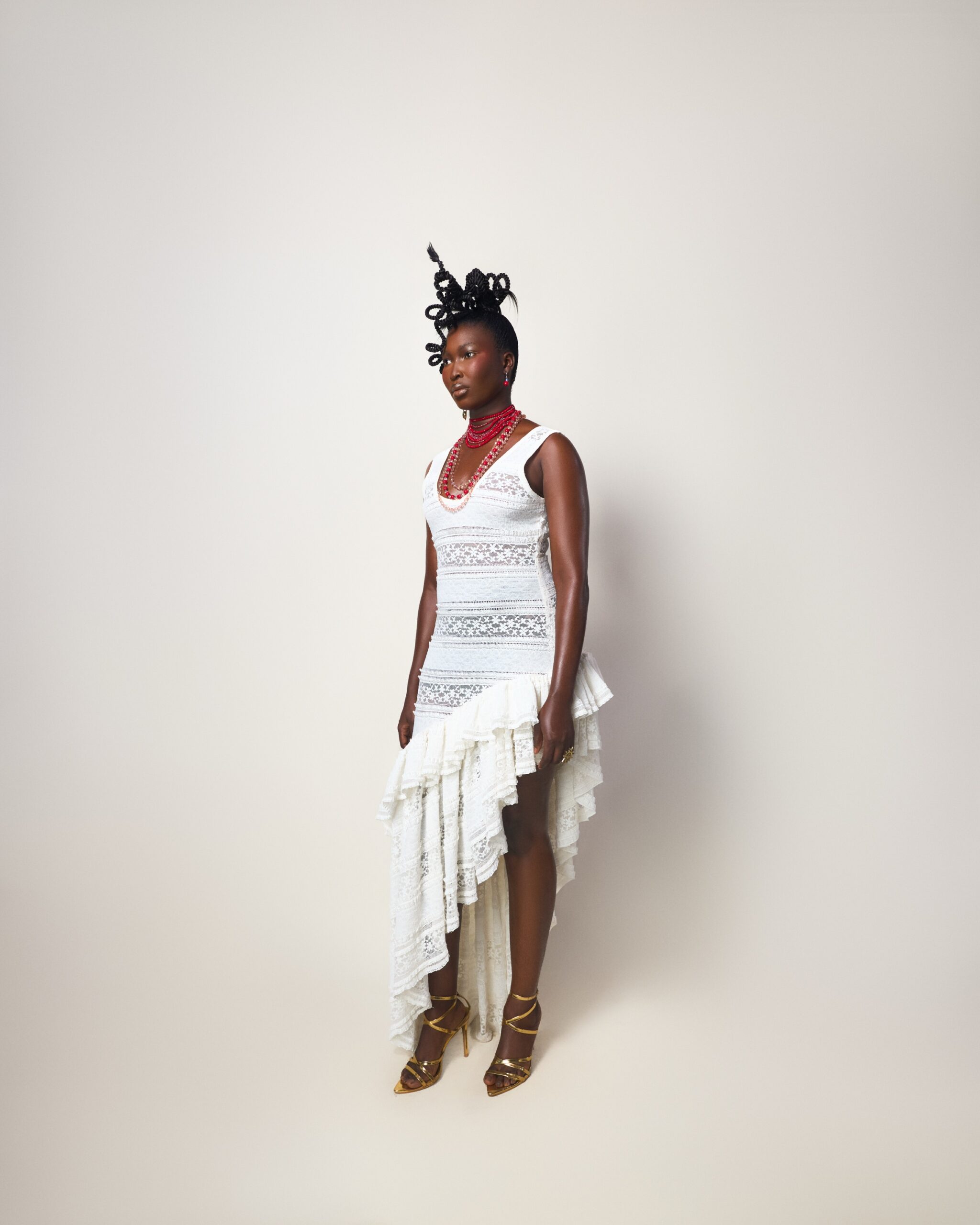 White Lace Asymmetric Ruffle Dress - Image 3