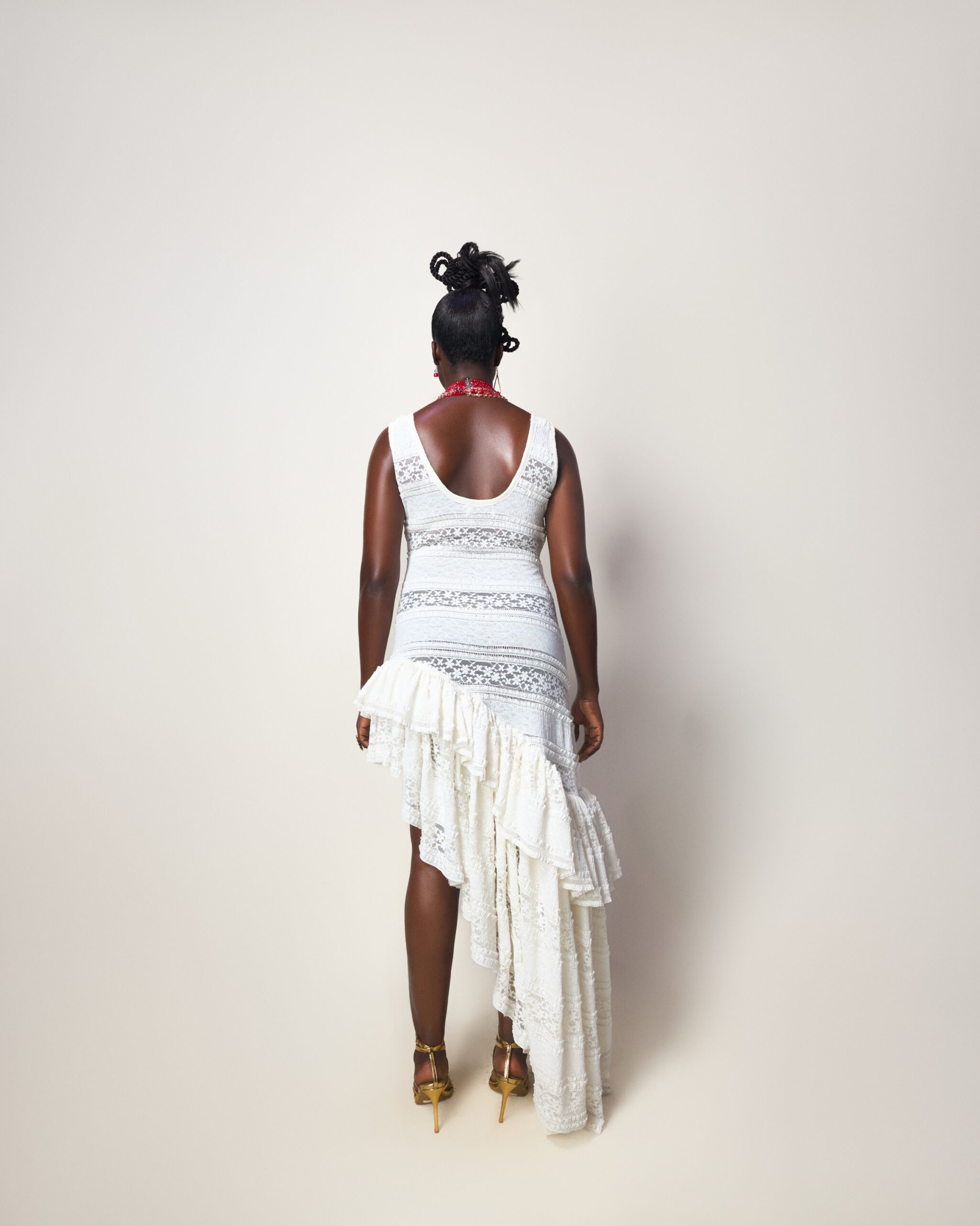 White Lace Asymmetric Ruffle Dress - Image 2