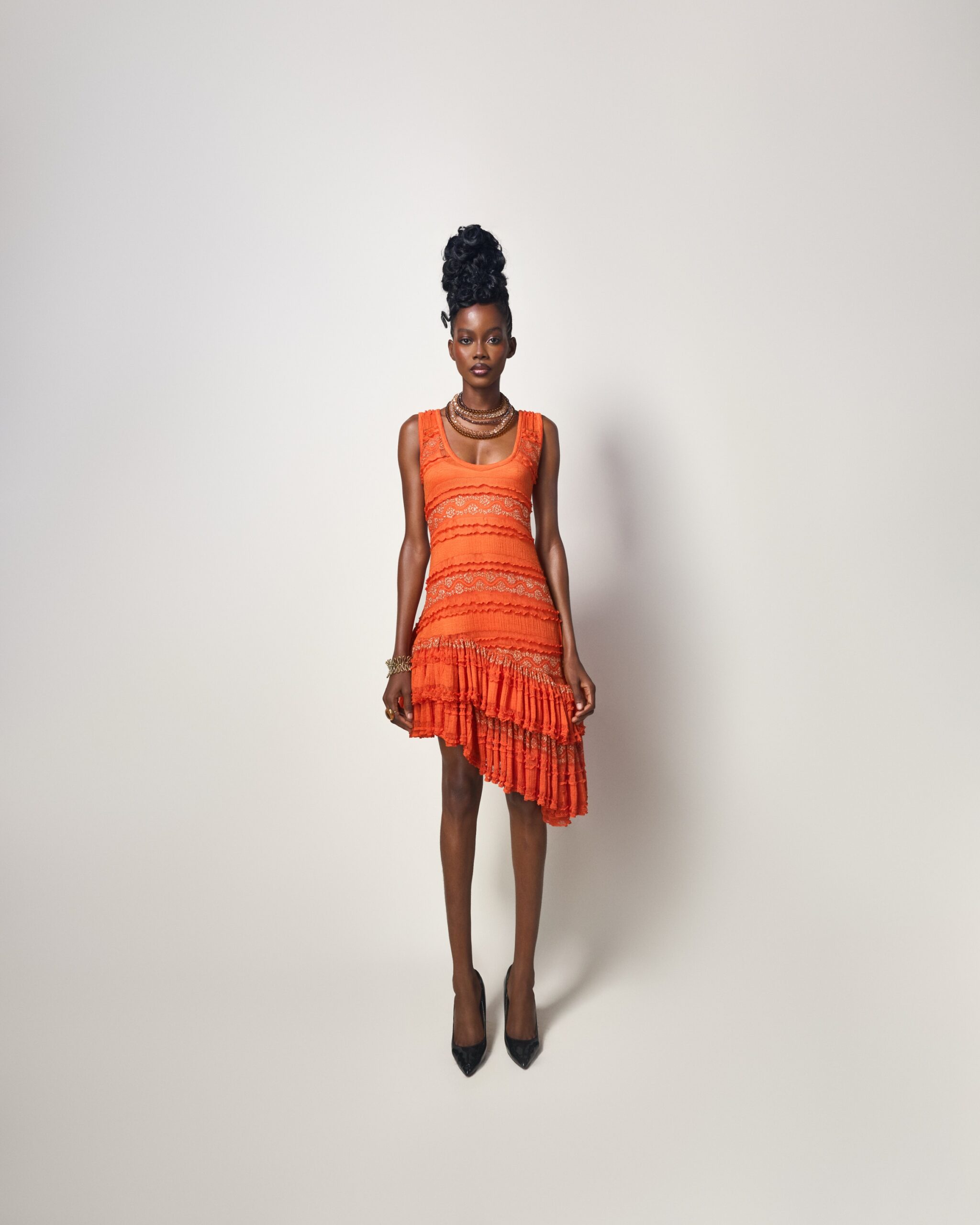 Orange Textured Lace Asymmetric Dress