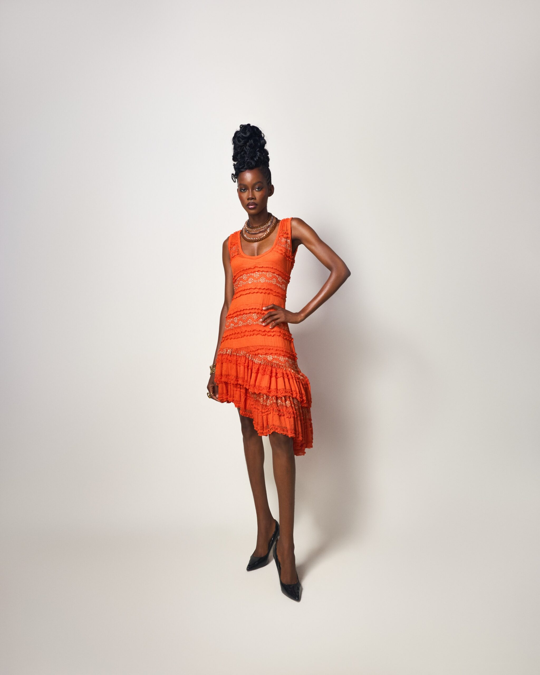 Orange Textured Lace Asymmetric Dress - Image 3