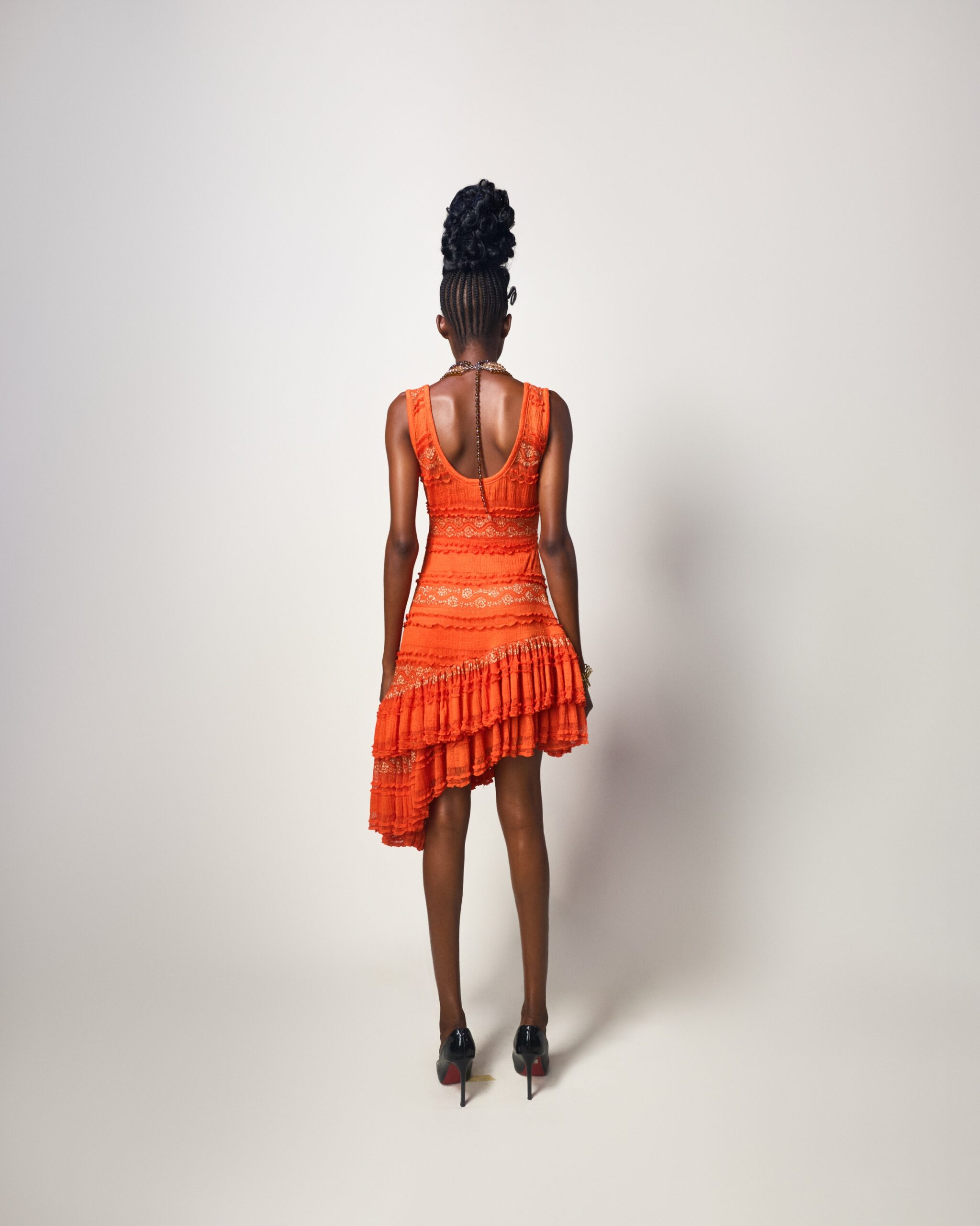 Orange Textured Lace Asymmetric Dress - Image 2