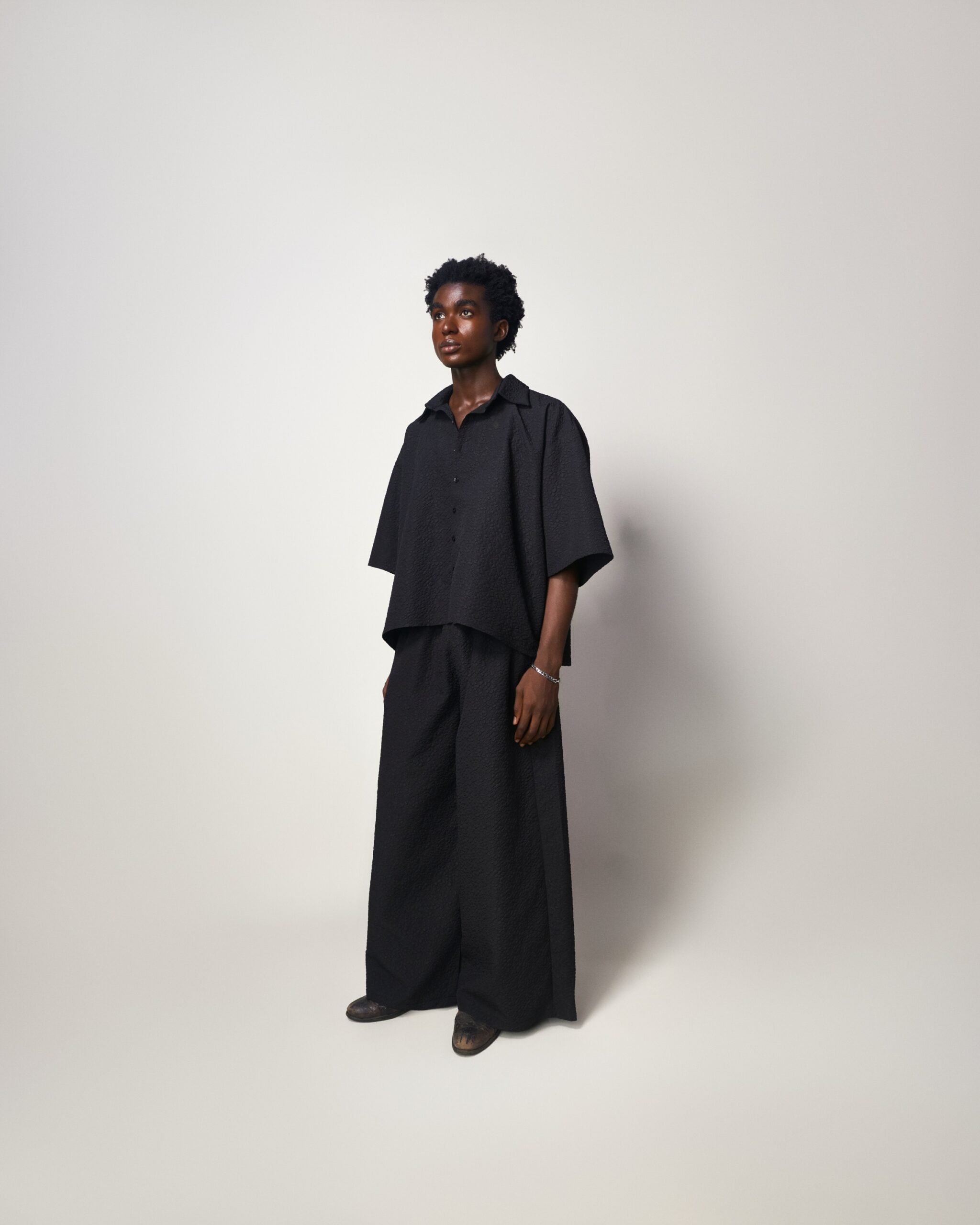 Black Textured Wide Pants