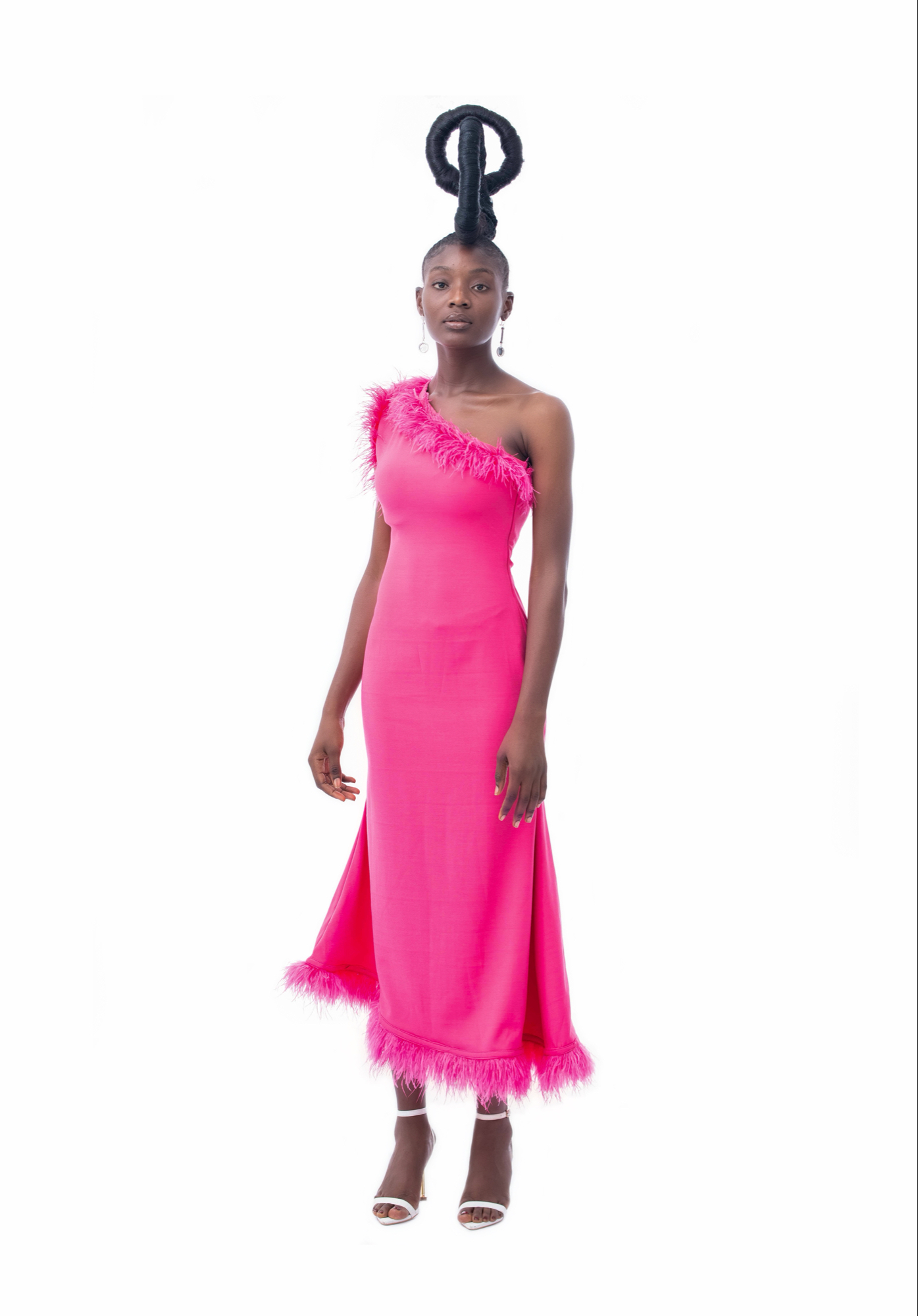 Pink One Shoulder Feather Dress