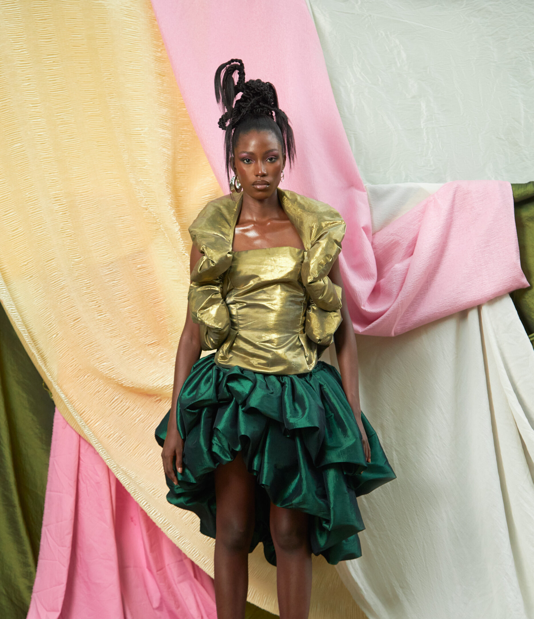 Green Double Layered Asymmetrical Puff Skirt