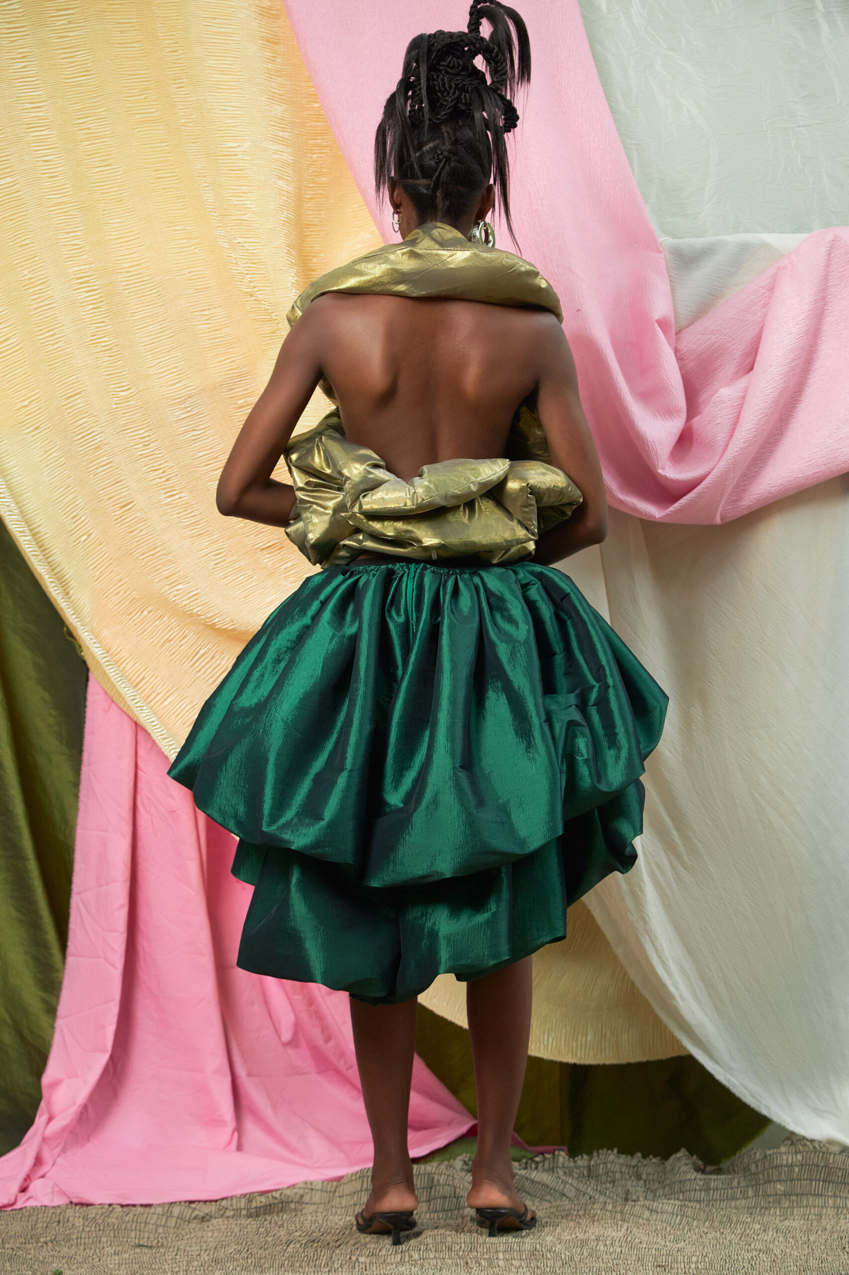 Green Double Layered Asymmetrical Puff Skirt - Image 3